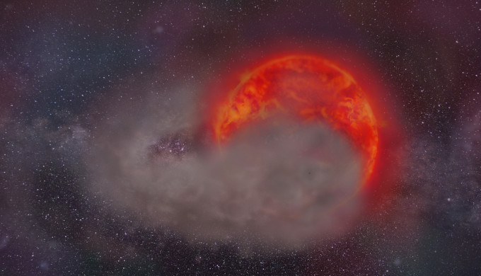 Artistic impression of a red giant star obscured by a dusty cloud surrounding a low-mass companion. Author: Matylda Soszyska.