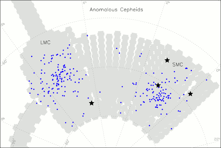 Spatial distribution of anomalous Cepheids in the Magellanic Clouds