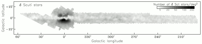 On-sky distribution of delta Scuti stars in the Galactic bulge and disk