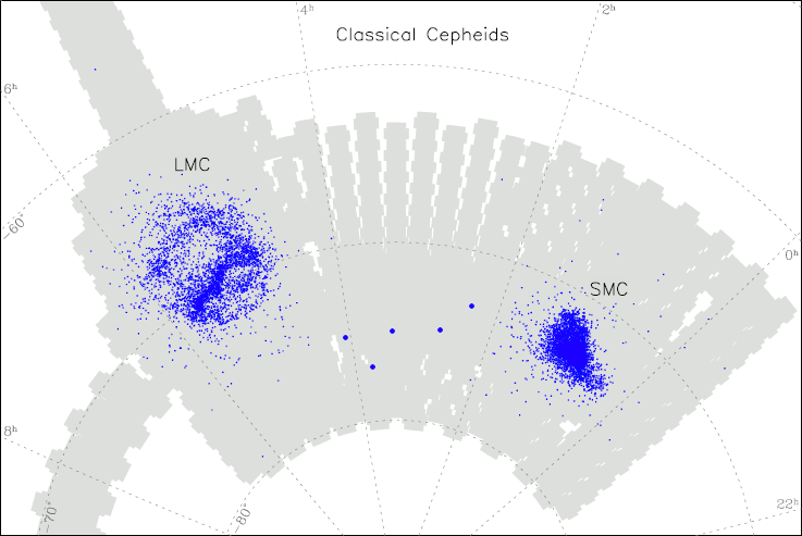 Spatial distribution of classical Cepheids in the Magellanic Clouds